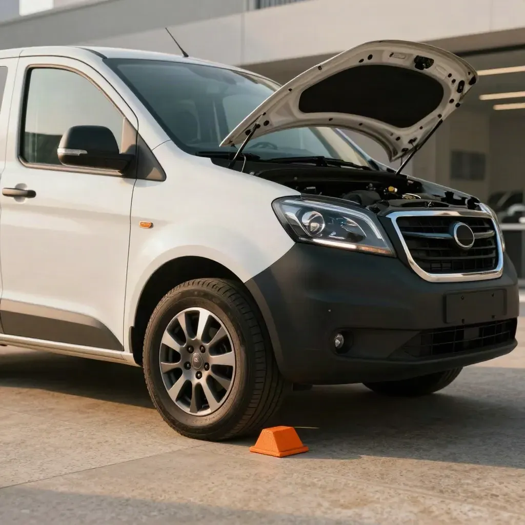 Used van with bonnet open on a travertine forecourt, alloy wheel and orange chock beside it.