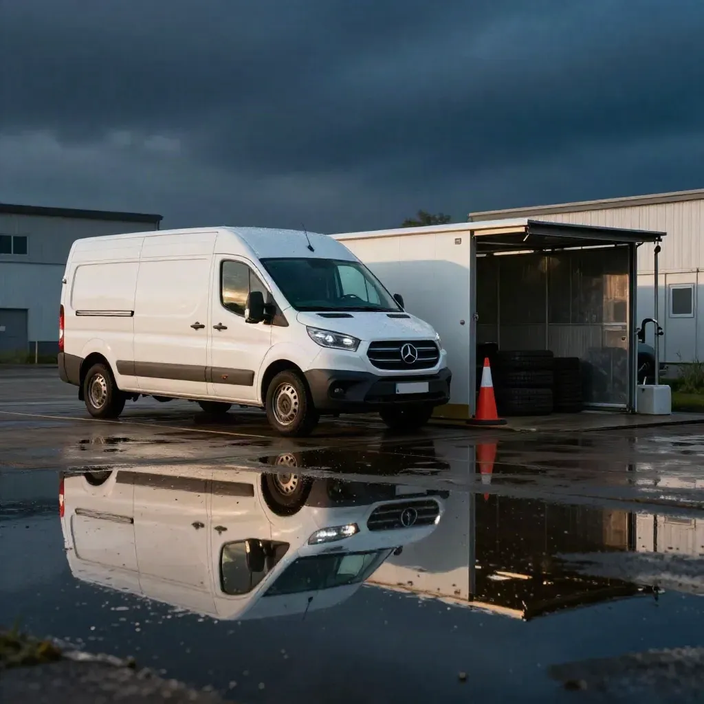 White van fleet in wet depot yard at blue hour with tyres, cones and wash bay reflections.