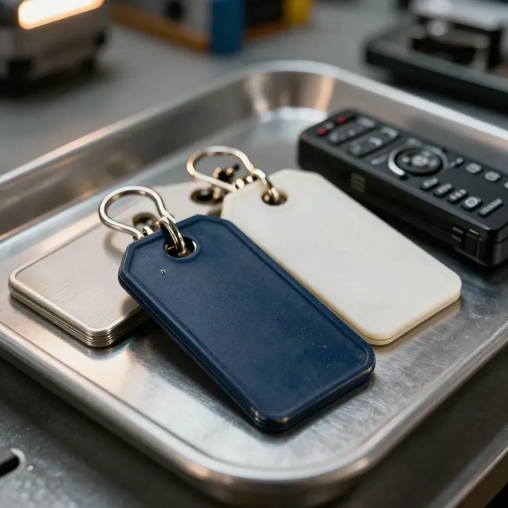Macro of fleet key tags, metal clips and a remote battery on a brushed metal tray