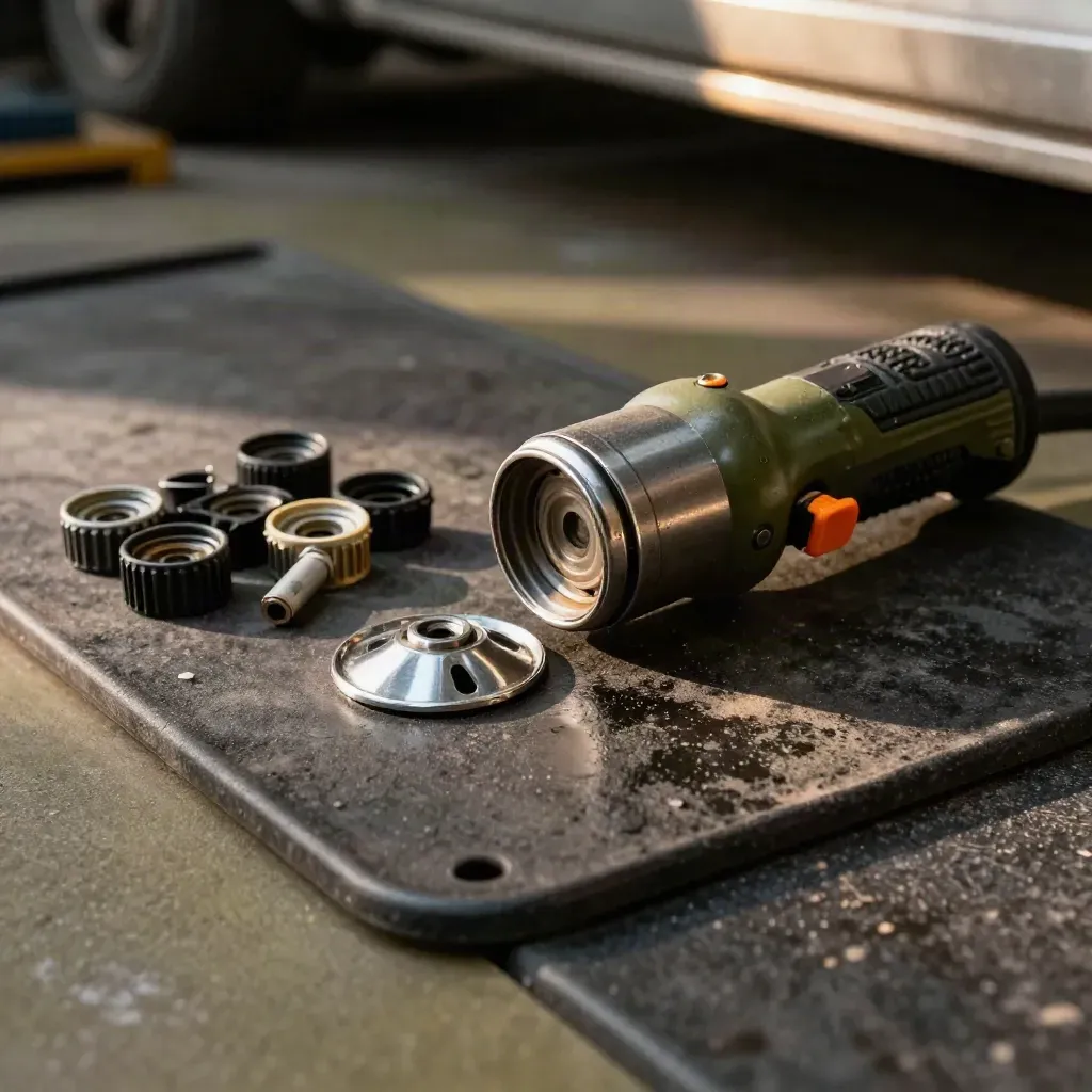 Inspection torch, valve caps, and alloy centre cap on a stained rubber mat in a van prep bay.