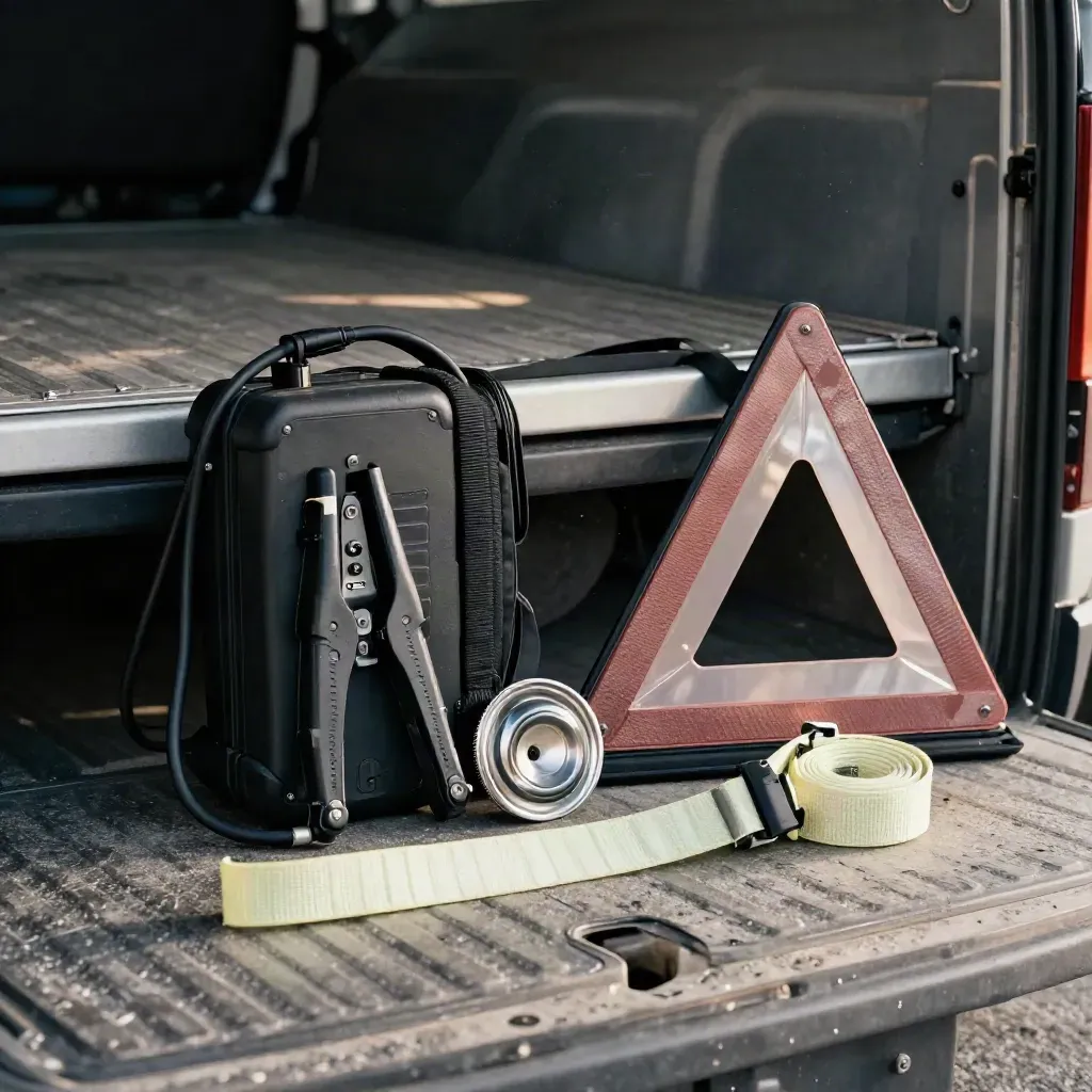 Recovery kit with jump starter, tow eye, triangle and tow strap on a garage floor.