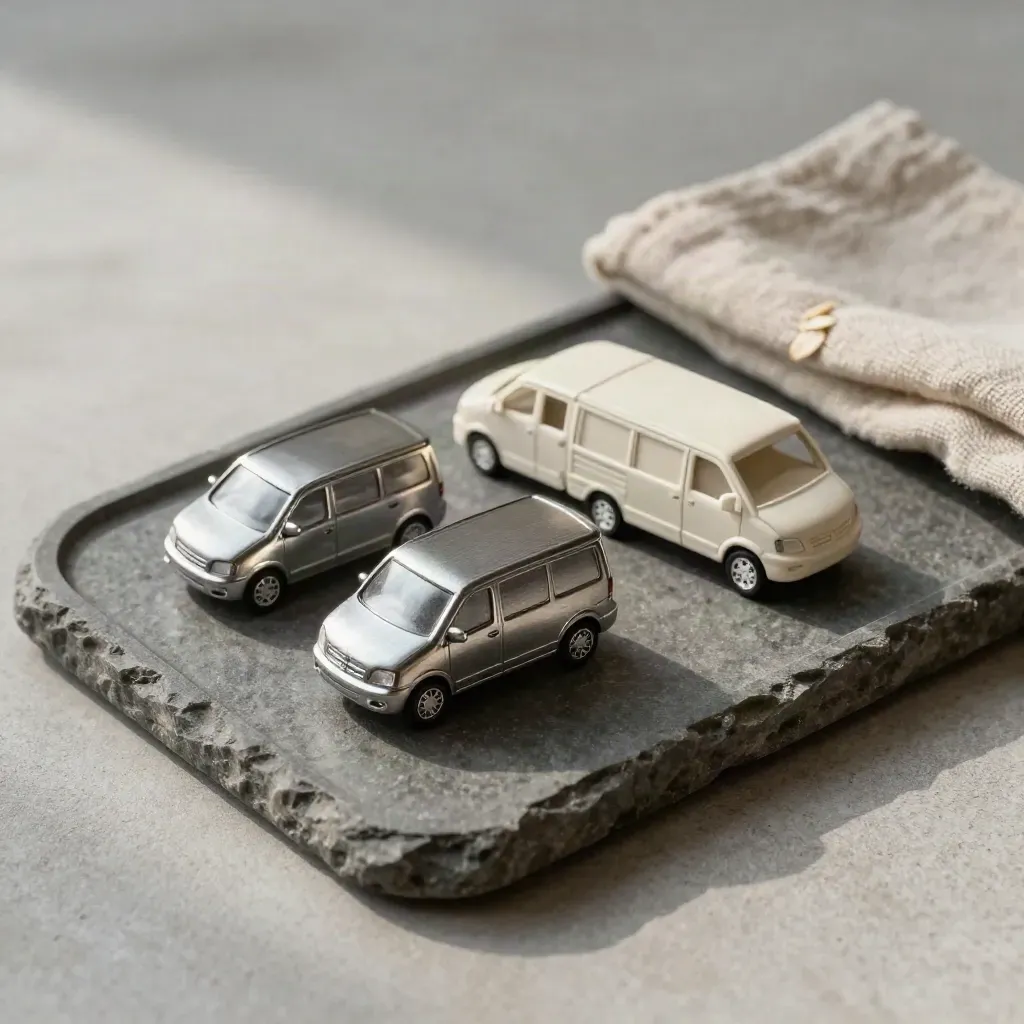Three van-shaped metal tokens on a stone tray with a folded linen cloth.