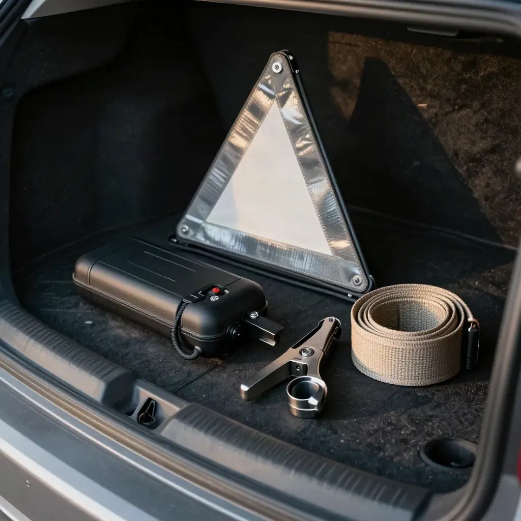 Roadside van support kit with jump starter, triangle, tow eye and tow strap in an open boot