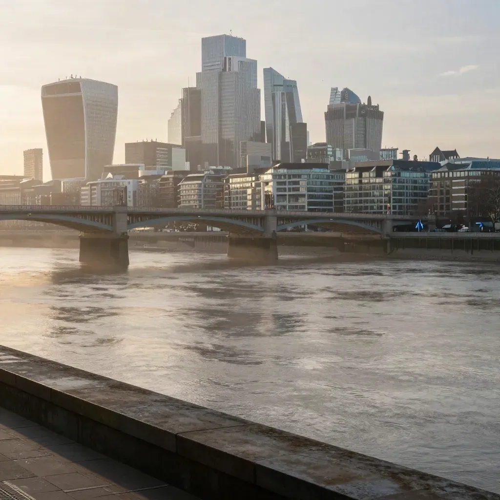 London skyline and bridge above a calm misty river at dawn
