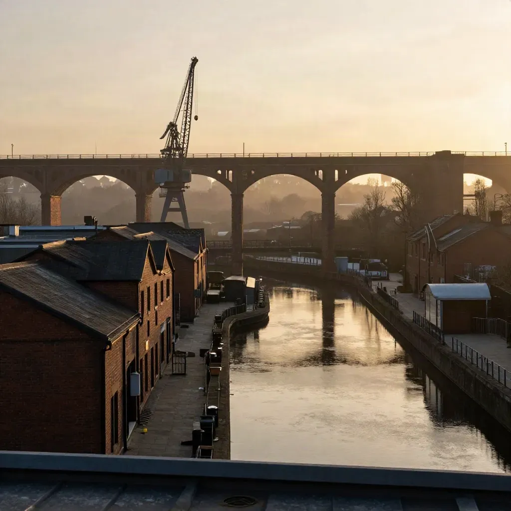Birmingham canal basin at sunset with brick viaducts, warehouse roofs and crane silhouettes over calm water