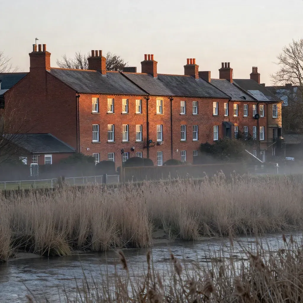 Red-brick terraces above a misty river floodplain at first light